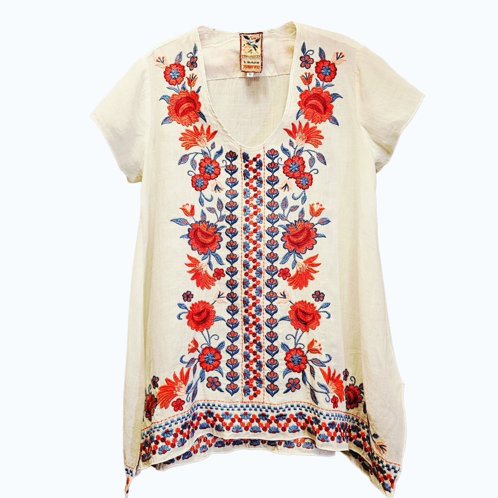 JOHNNY WAS Embroidered Short Sleeve Sharkbite Hem Tunic - Small